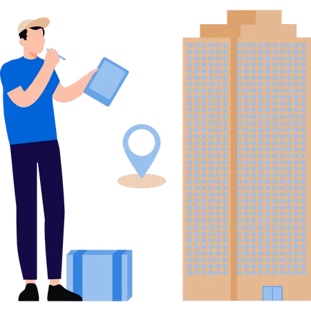 Boy is delivering a parcel to a building  Illustration