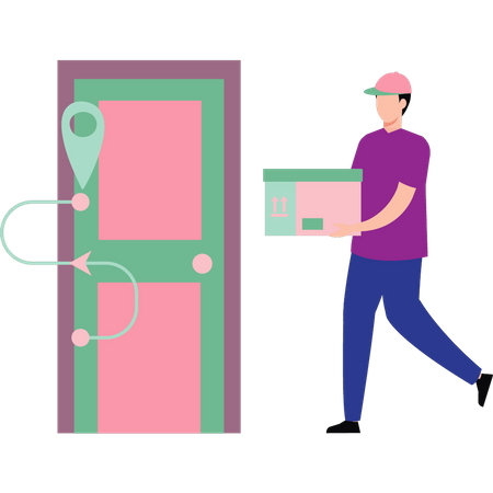 Boy is delivering the parcel to the door  Illustration