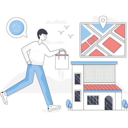 Boy is delivering the parcel to the location on the map  Illustration