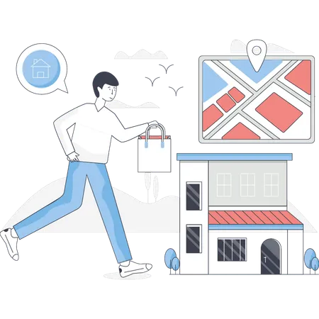 Boy is delivering the parcel to the location on the map  Illustration