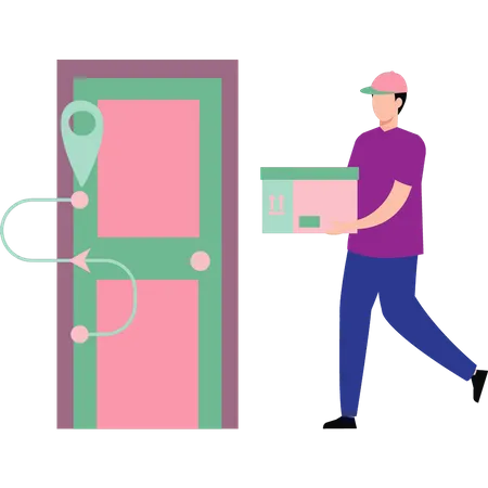 Boy is delivering the parcel to the door  Illustration
