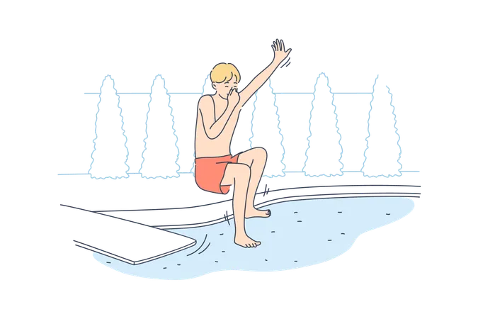 Sport Fun Recreation Holiday Vacation Concept Young Happy Cheerful Child Kid Boy Teenager Cartoon Character Jumping In Water Swimming Pool Summer Recreation Funny Active Lifestyle Illustration Illustration