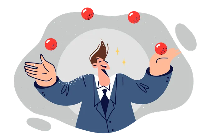 Business Man Juggles Tossing Red Balls As Metaphor For Multitasking And Professional Skills Professional Guy Jangler In Formal Wear With Smile Shows Trick To Surprise Colleagues Or Manager Illustration