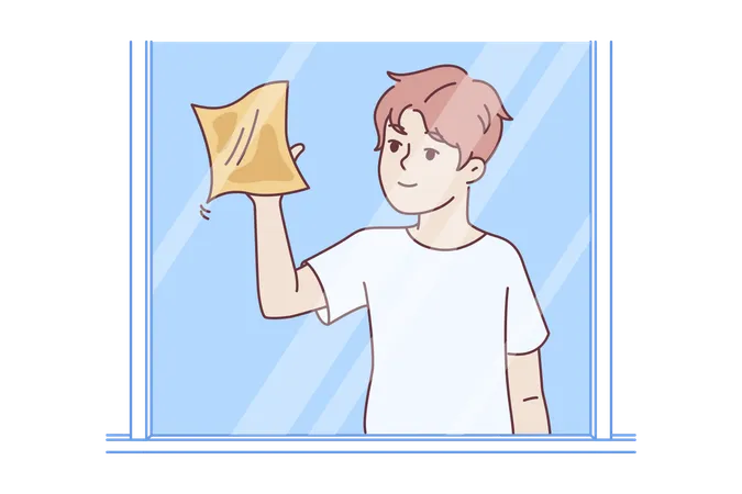 Boy is doing cleaning and wipes mirror or window from stains to comply with rules of sanitation  イラスト