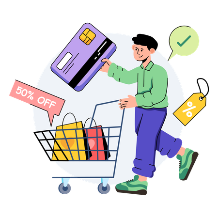 Boy is doing Credit Card Shopping  Illustration