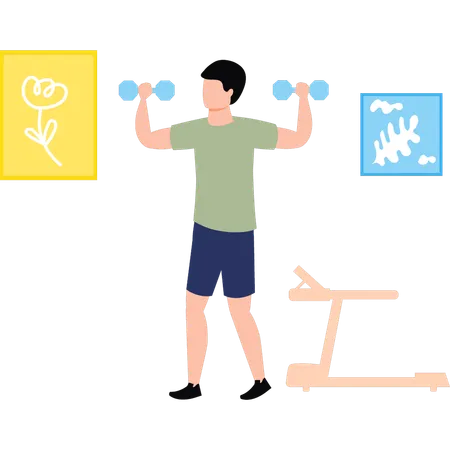 Boy is doing exercise with dumbbells  イラスト