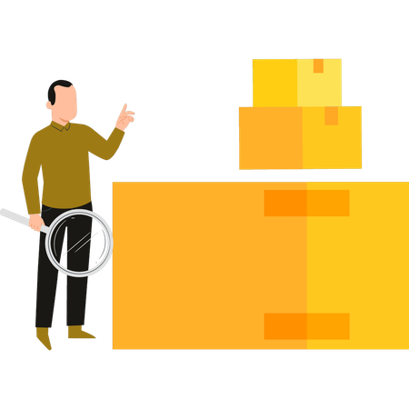 Boy is doing magnifying search for cardboard cartons  Illustration