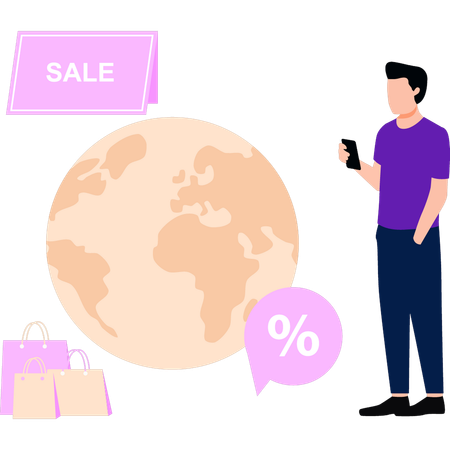 Boy is doing sale shopping from global market  Illustration