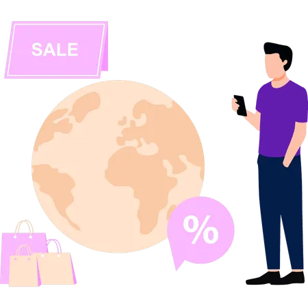 Boy is doing sale shopping from global market  Illustration