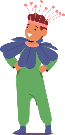 Small Enchanting Boy Character Adorned In Vibrant Flower Costume Petals Delicately Draped Around Him Creating A Whimsical Vision Of Nature Beauty Brought To Life Cartoon People Vector Illustration Illustration