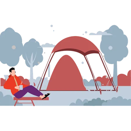 Boy is drinking coffee outside tent  Illustration