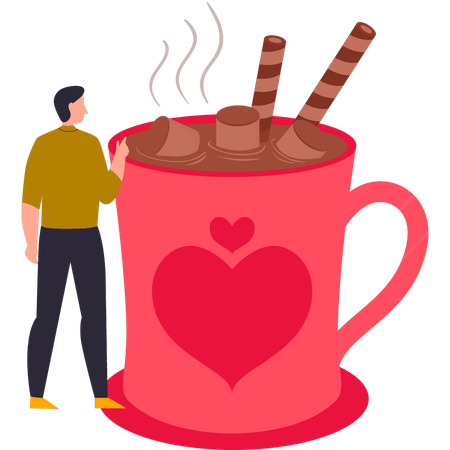 Boy is drinking hot chocolate coffee  イラスト