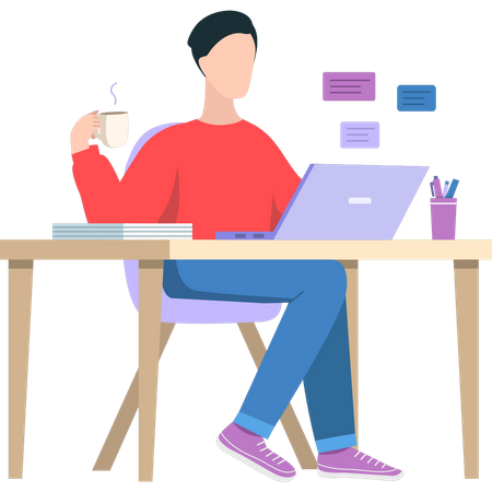 Boy is drinking tea at the working table Illustration