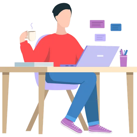 Boy is drinking tea at the working table Illustration