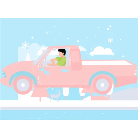 Boy is driving jeep in winter  Illustration
