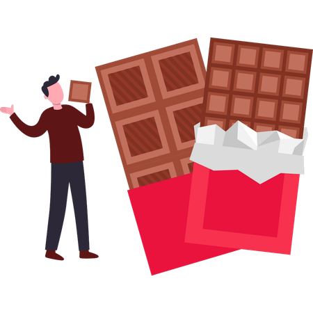 Boy is eating bars of chocolate  イラスト