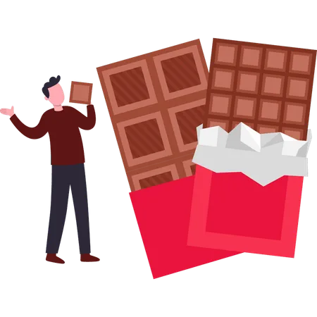 Boy is eating bars of chocolate  Illustration
