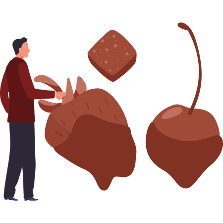 Boy is eating fruit with chocolate sauce  Illustration
