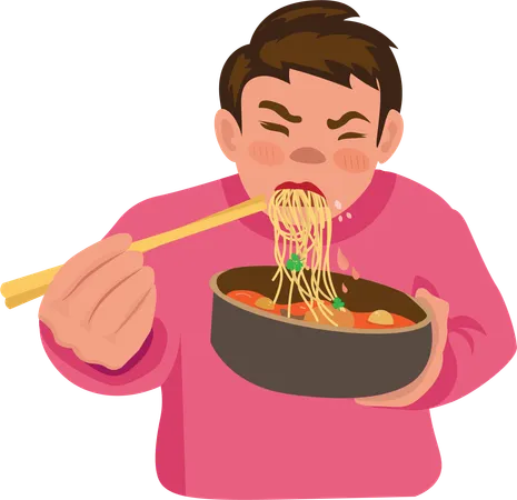 Boy is eating noodles  일러스트레이션