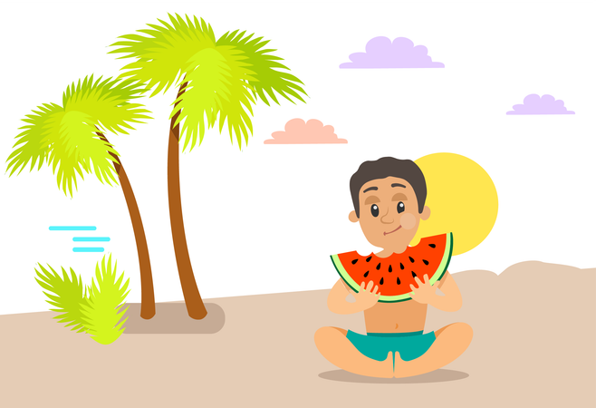 Boy is eating watermelon at beach  Illustration