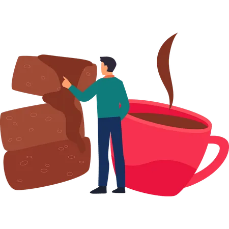 Boy is enjoying hot coffee with biscuits  Illustration