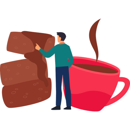 Boy is enjoying hot coffee with biscuits  イラスト