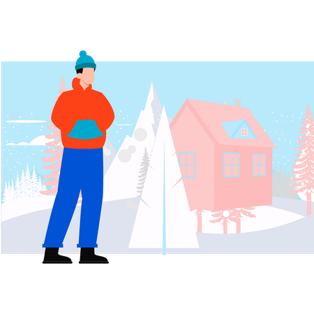 Boy is enjoying in snow outside the house  Illustration