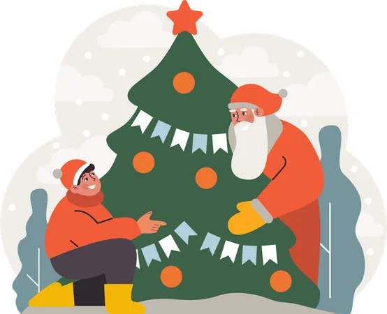 Boy is enjoying with Santa Claus  Illustration