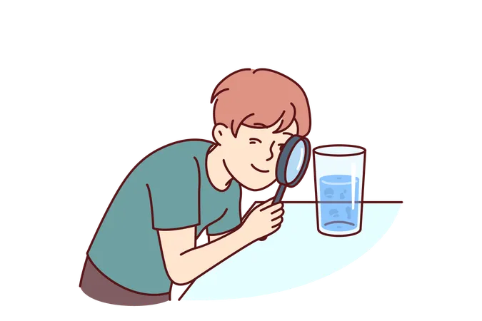 Small Boy Examines Water In Glass Through Magnifying Glass Studying Chemical Composition Liquid Or Looking For Microbes Teenage Child Curiously Studies Water Wanting To Work In Chemical Laboratory Illustration