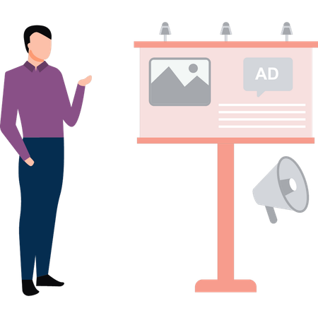 Boy is explaining about advertisement on board  Illustration