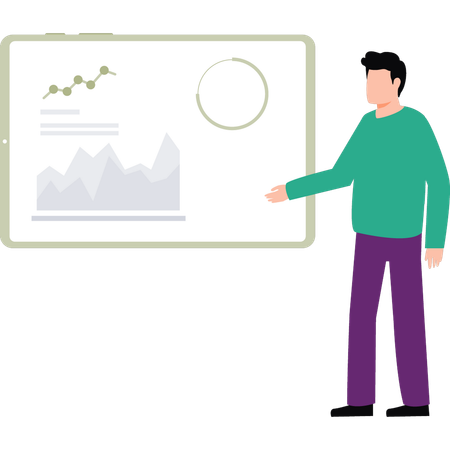 Boy is explaining about analytical business graphs  Illustration