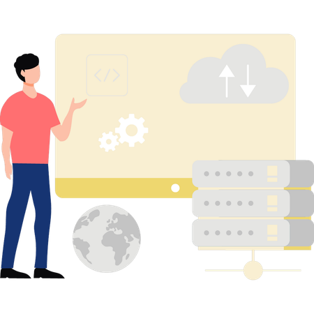 Boy is explaining about setting of cloud data server  Illustration