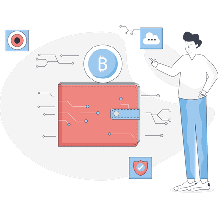 Boy is explaining about wallet bitcoin  Illustration