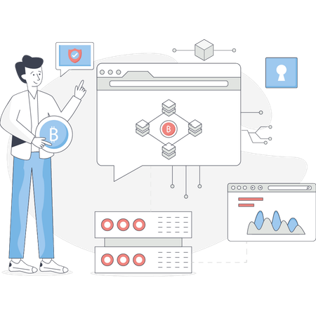 Boy is explaining blockchain technology  Illustration