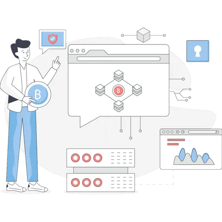 Boy is explaining blockchain technology  Illustration