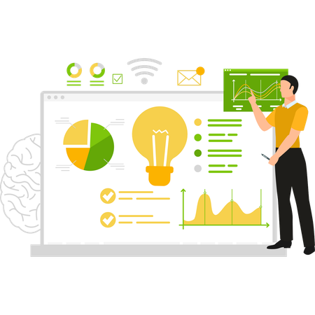 Boy is explaining business analysis on laptop screen  Illustration