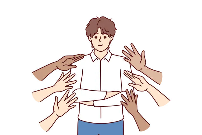Popular Business Man Beside Many Hands Wanting To Touch Idol For Concept Of Corporate Training Or Team Building Activities Proud Guy In Business Clothes Are Popular Among Colleagues Illustration