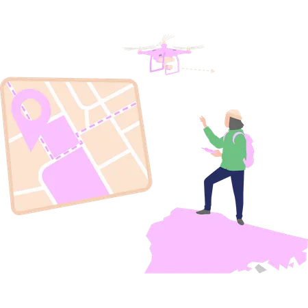 A Boy Scouting A Place With A Drone Camera Illustration