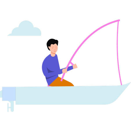 Boy is fishing on a boat Illustration