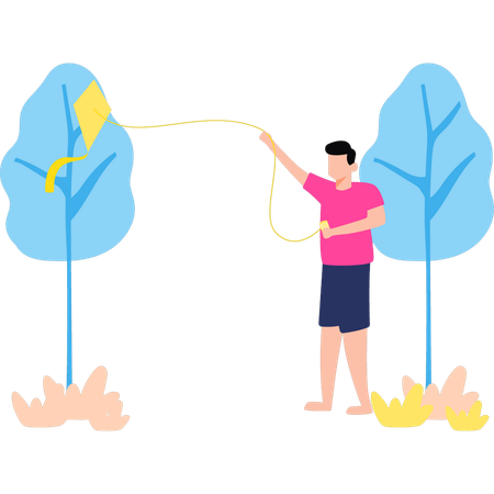 Boy is flying kite in outdoor  Illustration