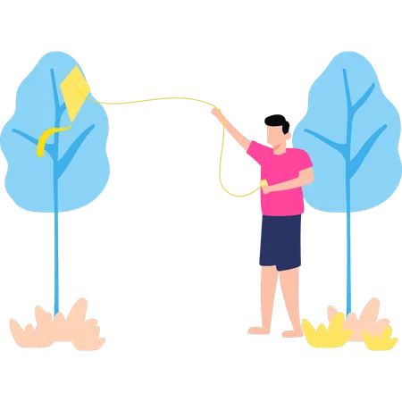 Boy is flying kite in outdoor  Illustration