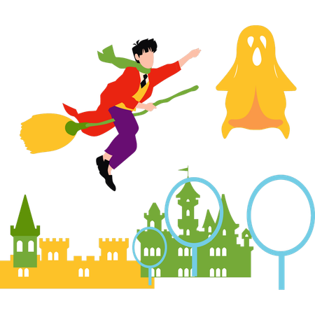 Boy is flying on a witch's broom  Illustration