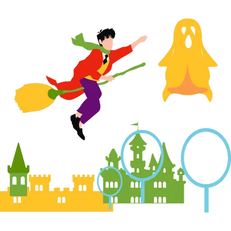 The Boy Is Flying On A Witchs Broom Illustration