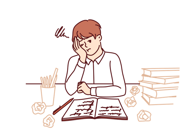 Boy is frustrated while preparing for exams  Illustration