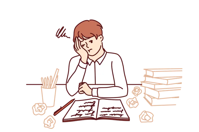 Boy is frustrated while preparing for exams  Illustration