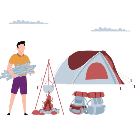 The Boy Is Cooking While Camping Illustration