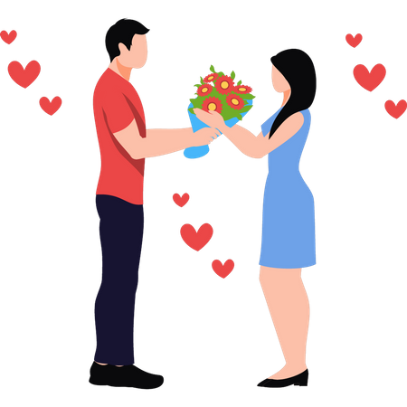 Boy is giving a bouquet to a girl  Illustration