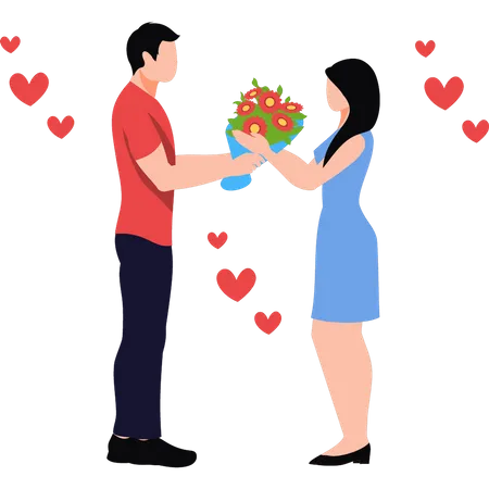 A Boy Is Giving A Bouquet Of Flowers To A Girl Illustration