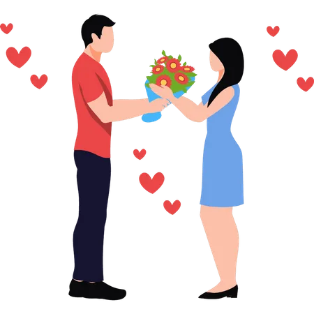 Boy is giving a bouquet to a girl  Illustration