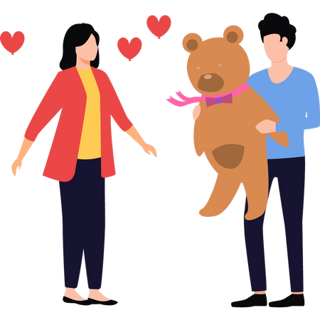 Boy is giving a teddy to girl on Valentine's Day  Illustration